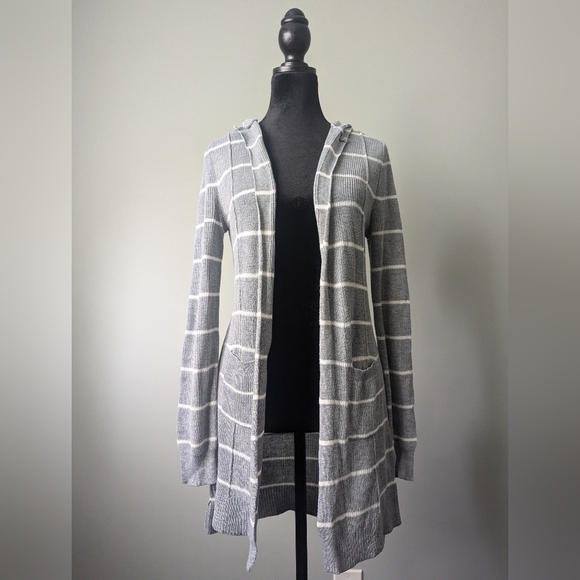 SO Hooded Cardigan with Gray and White Stripes - Picture 1 of 7